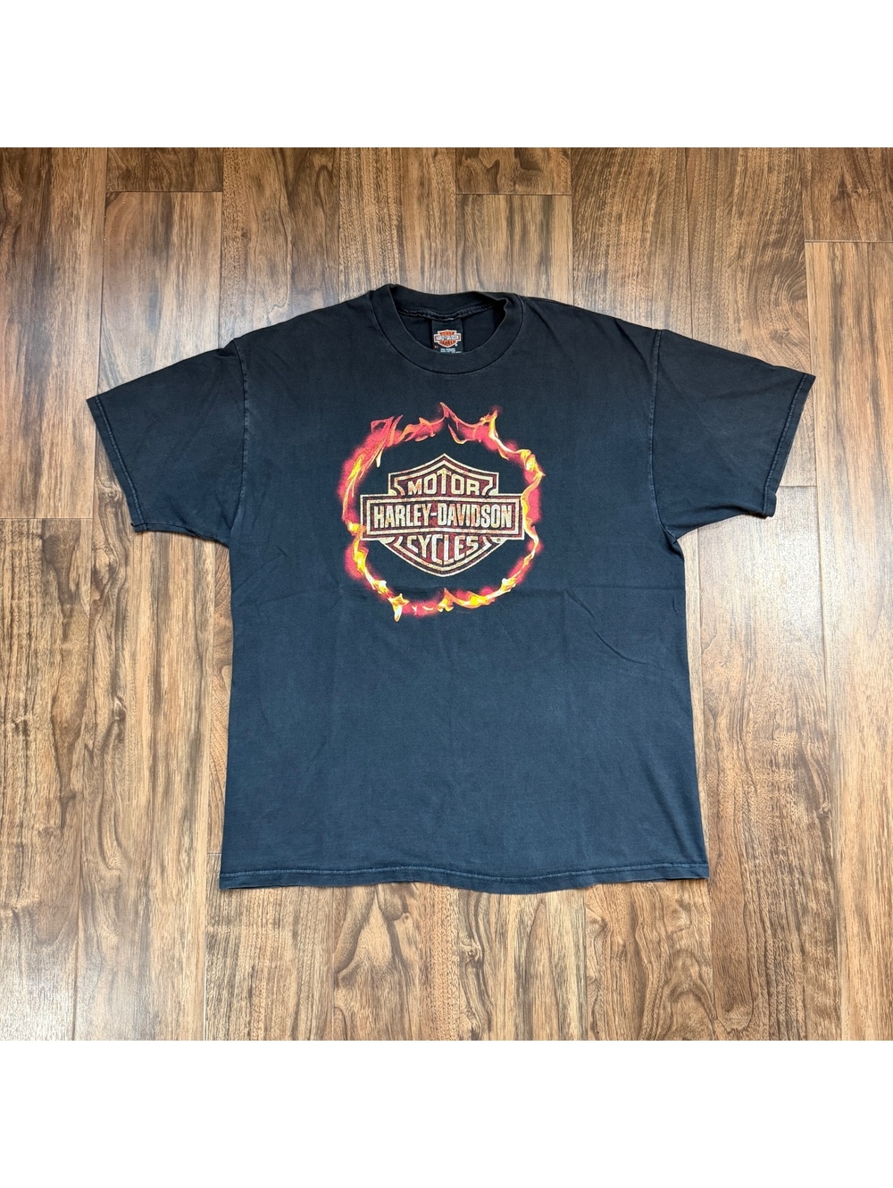 Vintage 90s Harley Davidson Flame Shield Tee XL Black 1997 Van Beek WI